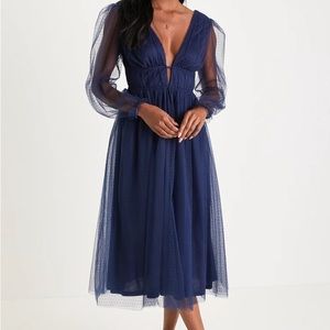 Navy Blue Swiss Dot Mesh Midi Dress
